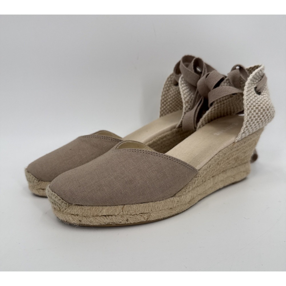 Soludos Womens Beige Canvas Espadrille Ankle Wrap Wedge Size 7.5 French Style